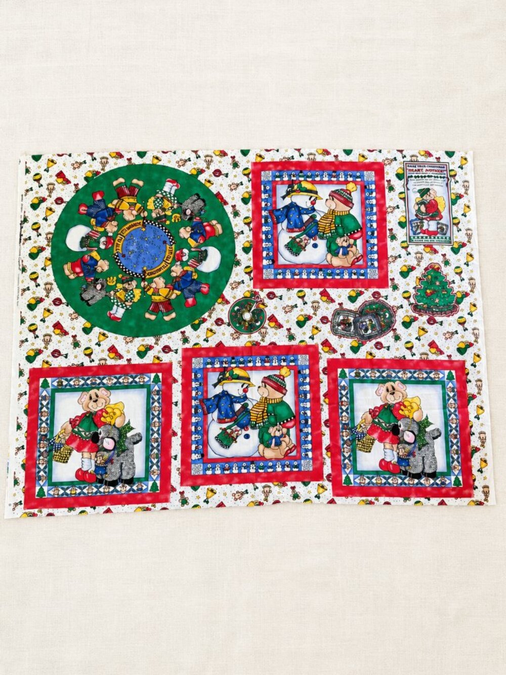 Vintage 90s Beary Angelic Christmas Fabric Panel 27x45 Holiday Sewing Tree Skirt